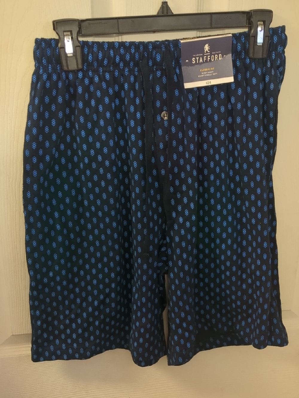 Stafford Men's Blue Sleep Shorts, 100% Cotton SMALL Diamond Print NEW